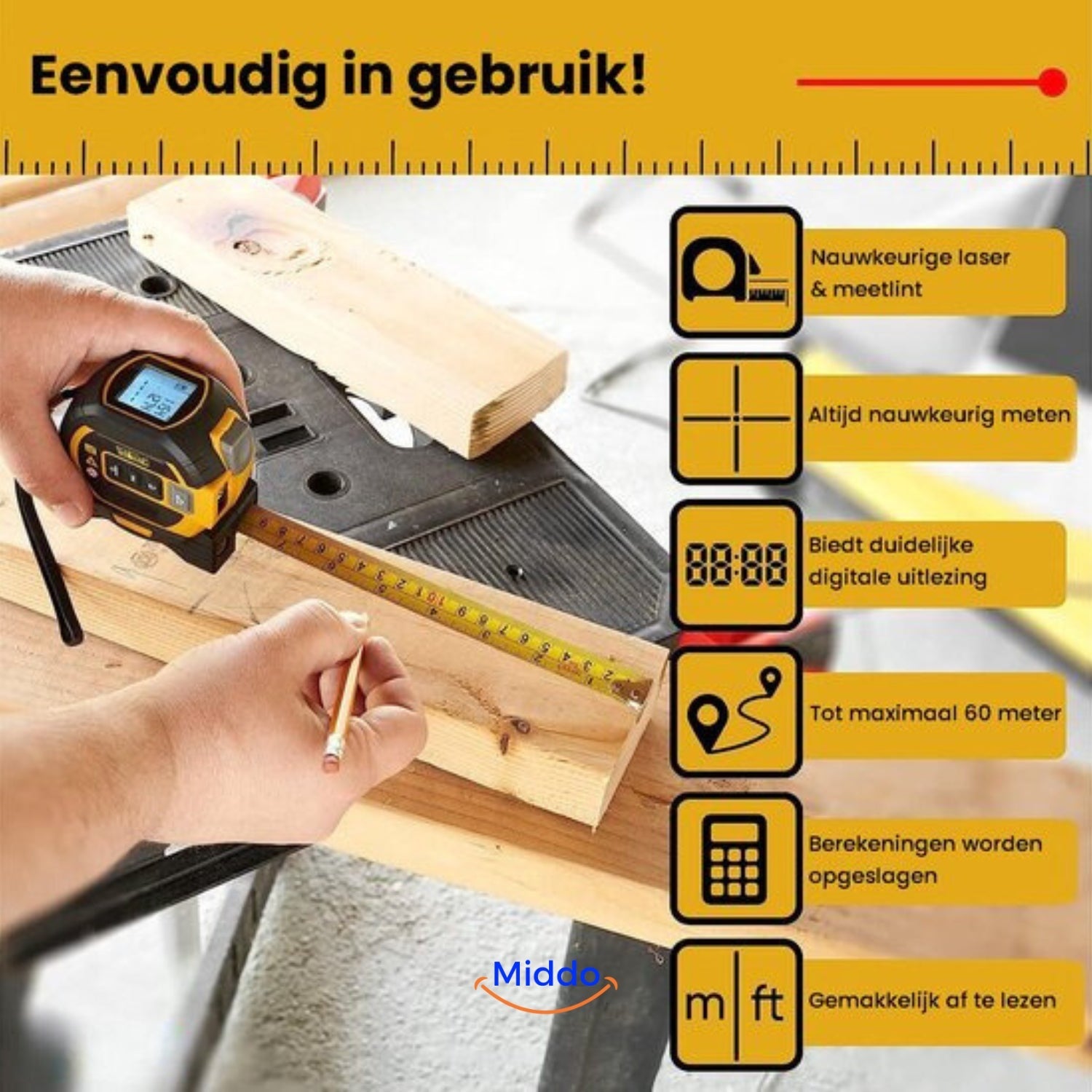 ProMeasure™ Digitale Laser Rolmaat 3-in-1 - 40 of 60m Bereik!