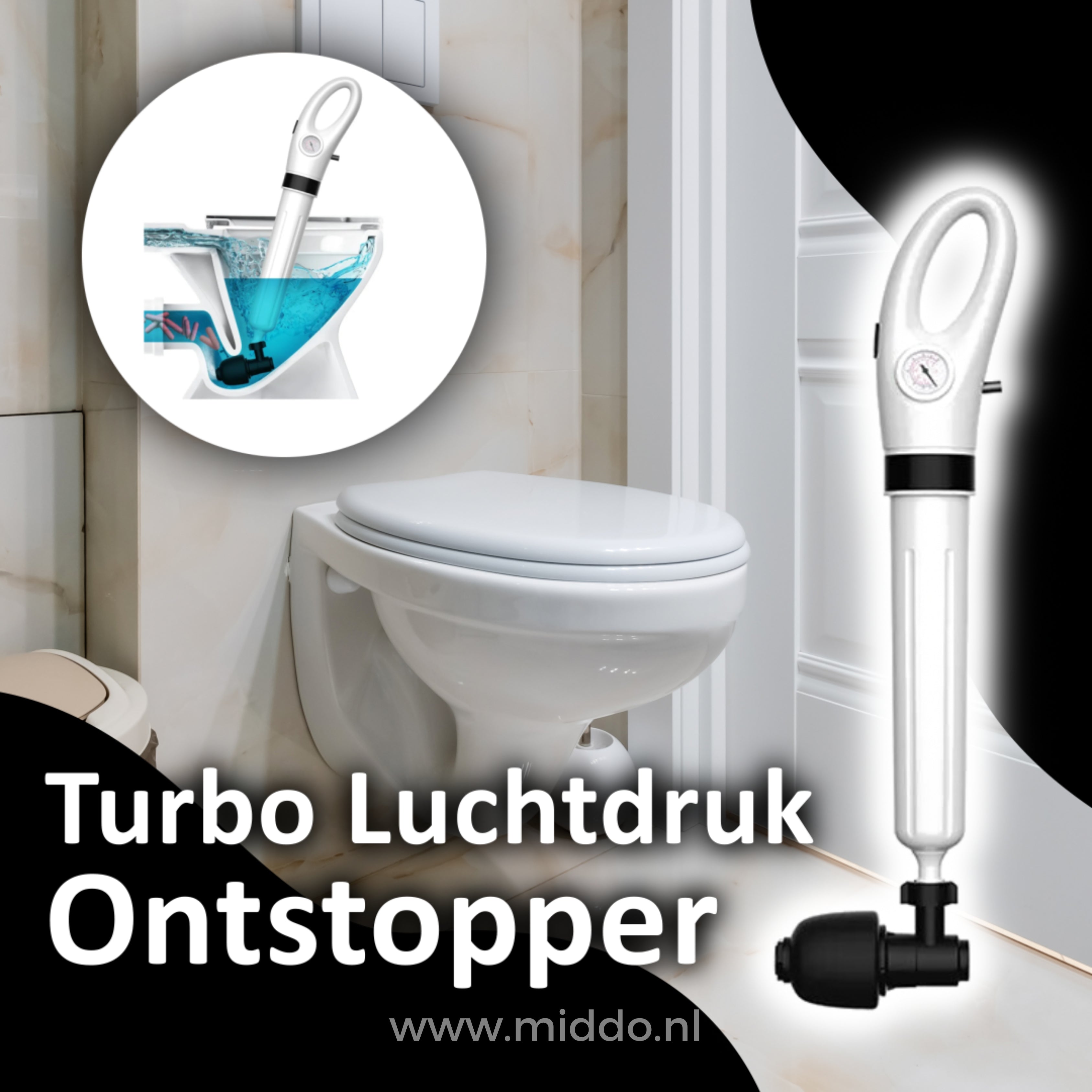 Verhelp elke ontstopping met de Turbo Luchtdruk Ontstopper! Incl. 5 opzetstukken